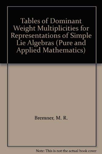 Beispielbild fr Tables of Dominant Weight Multiplicities for Representations of Simple Lie Algebras zum Verkauf von Better World Books: West