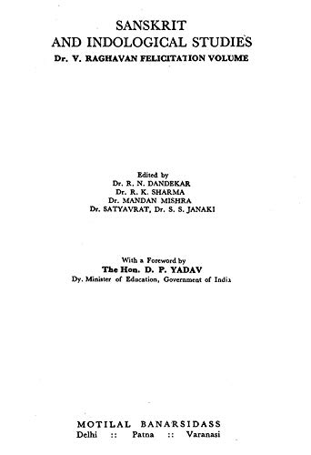 9780842608213: Sanskrit and Indological Studies: Dr. V. Raghavan Felicitation Volume