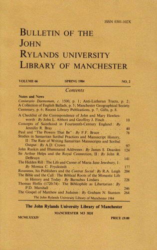 Bulletin of the John Rylands University Volume 66 (9780863730313) by Bruce, Frederick Fyvie