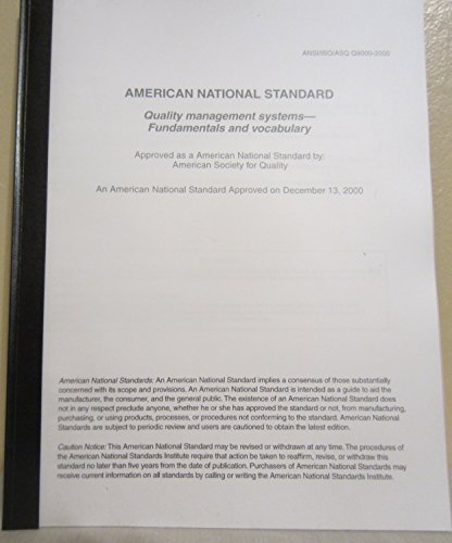 Imagen de archivo de ANSI/ISO/ASQ Q9000-2000 Quality Management Systems - Fundamentals and Vocabulary a la venta por Mispah books