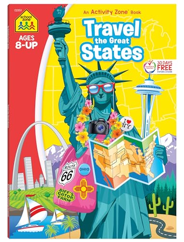 Stock image for School Zone - Travel the Great States Workbook - 64 Pages, Ages 8 and Up, Geography, Maps, United States, and More (School Zone Activity Zone Workbook Series) for sale by Your Online Bookstore