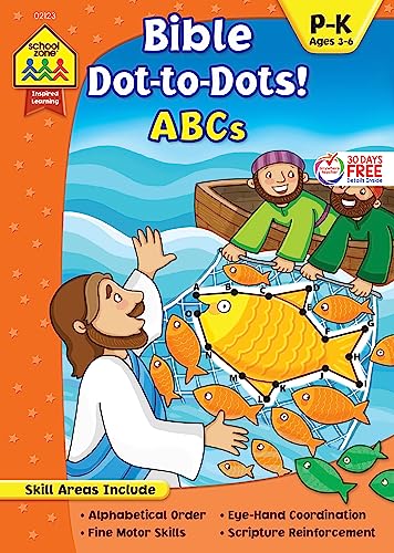 Stock image for School Zone - Bible Dot-to-Dots! ABCs Workbook - Ages 3 to 6, Preschool to Kindergarten, Christian Scripture, Old & New Testament, Connect the Dots, Alphabet, and More (Inspired Learning Workbook) for sale by Ergodebooks