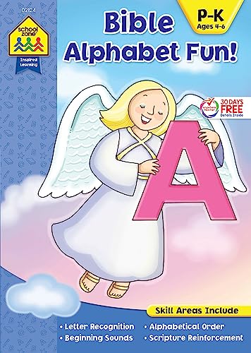 Stock image for School Zone - Bible Alphabet Fun! Workbook - Ages 4 to 6, Preschool to Kindergarten, Christian Scripture, Old & New Testament, ABCs, Letters, Sounds, and More (Inspired Learning Workbook) for sale by Ergodebooks