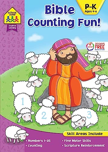 Stock image for School Zone - Bible Counting Fun! Workbook - Ages 4 to 6, Preschool to Kindergarten, Christian Scripture, Old & New Testament, Numbers 1-25, and More (Inspired Learning Workbook) for sale by Ergodebooks