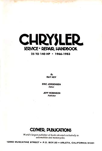 Stock image for Chrysler Service Repair Handbook 25 to 140 Hp 1966-1983 for sale by Lowry's Books