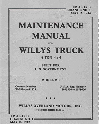 9780910667166: Maintenance Manual for Willys Truck 1/4 Ton 4X4 Built for U.S. Government Model Mb/Contract Number W-389-Qm-11423/U.S.A. Reg. No. 2073506-2078606