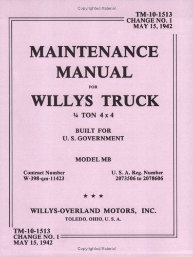 9780910667166: Maintenance Manual for Willys Truck 1/4 Ton 4X4 Built for U.S. Government Model Mb/Contract Number W-389-Qm-11423/U.S.A. Reg. No. 2073506-2078606