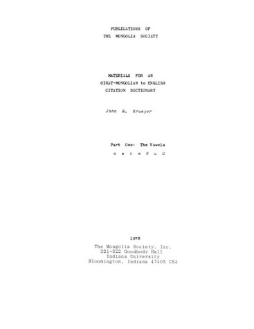 Imagen de archivo de Materials for an Oirat-Mongolian to English Citation Dictionary. Part One: The Vowels a e i o  u  a la venta por Masalai Press