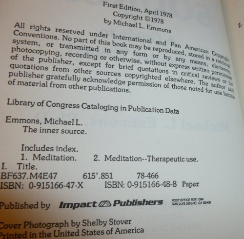 The Inner Source: A Guide to Meditative Therapy (9780915166480) by Emmons; Emmons, Michael L.
