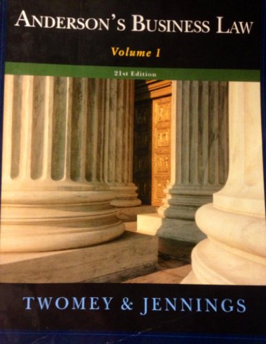 Stock image for Anderson's Business Law Volume 1 21st Edition Twomey And Jennings ; 9781111401245 ; 1111401241 for sale by APlus Textbooks