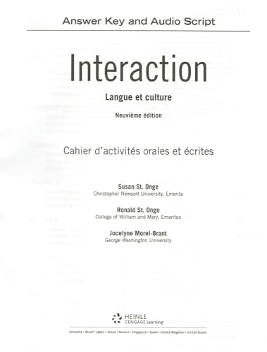 SAM Answer Key with Audio Script for St. Onge/St. Onge/Powers' Interaction: Langue et culture, 9th (9781133940524) by St. Onge, Susan; St. Onge, Ronald; Powers, Scott