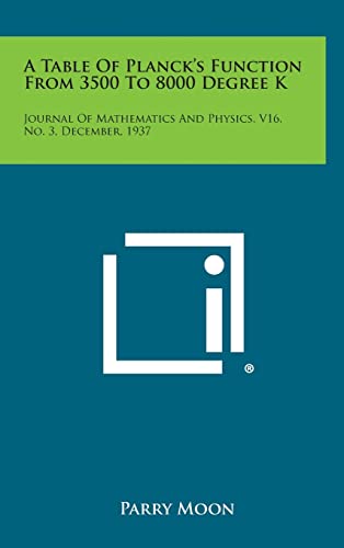 Stock image for A Table Of Planck's Function From 3500 To 8000 Degree K: Journal Of Mathematics And Physics, V16, No. 3, December, 1937 for sale by Lucky's Textbooks