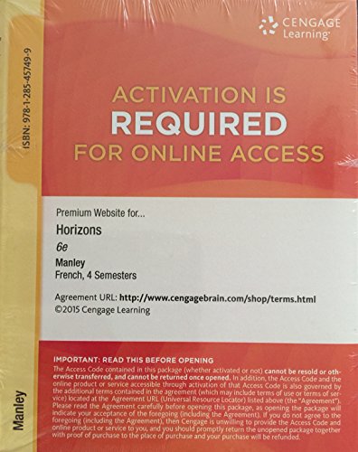 9781285457499: Premium Website for Horizons 6th Edition, French 4 Semesters, Manley/smith/prevost/mcminn's Horizons, 6th