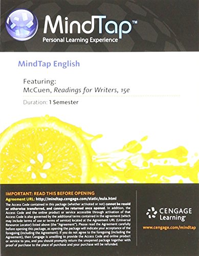 Imagen de archivo de MindTap English, 1 term (6 months) Printed Access Card for McCuen-Metherell/Winkler's Readings for Writers, 15th a la venta por BooksRun