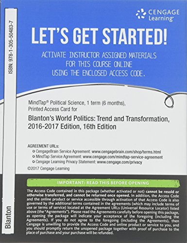 Imagen de archivo de MindTap Political Science, 1 term (6 months) Printed Access Card for Blanton/Kegley's World Politics: Trend and Transformation, 2016 - 2017, 16th a la venta por A Team Books