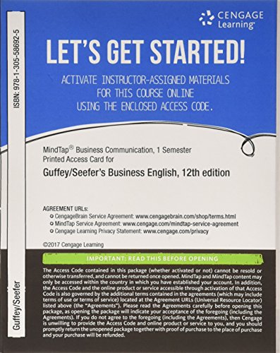 Stock image for MindTap for Guffey/Seefer's Business English, 1 term Printed Access Card for sale by Campus Bookstore