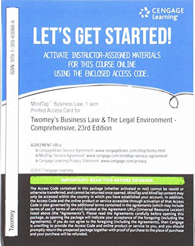 Stock image for MindTap Business Law, 1 term (6 months) Printed Access Card for Anderson's Business Law and the Legal Environment, Comprehensive Volume, 23rd for sale by Xpress Books