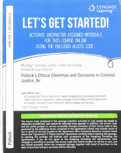 Stock image for MindTap Criminal Justice, 1 term (6 months) Printed Access Card for Pollock's Ethical Dilemmas and Decisions in Criminal Justice, 9th (MindTap for Criminal Justice) for sale by Textbooks_Source