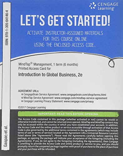 Stock image for MindTap Management, 1 term (6 months) Printed Access Card for Gaspar/Kolari/Hise/Bierman/Smith/Arreola-Risa's Introduction to Global Business, 2nd for sale by Textbooks_Source