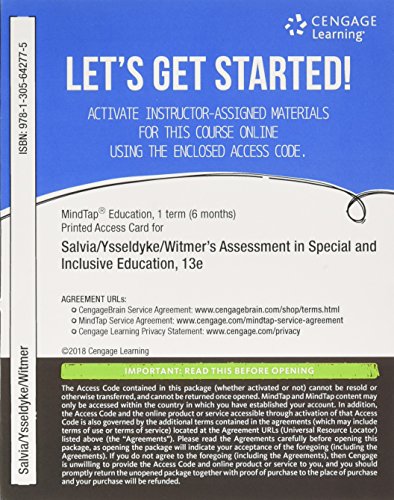 Imagen de archivo de MindTap Education, 1 term (6 months) Printed Access Card for Salvia/Ysseldyke/Witmer's Assessment In Special and Inclusive Education, 13th a la venta por Campus Bookstore