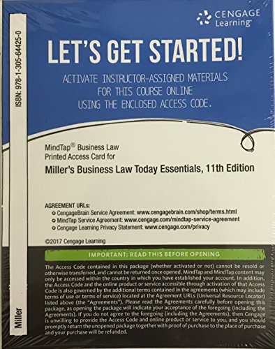 Stock image for MindTap Business Law, 1 term (6 months) Printed Access Card for Miller's Cengage Advantage Books: Business Law Today, The Essentials: Text and Summarized Cases, 11th for sale by SecondSale