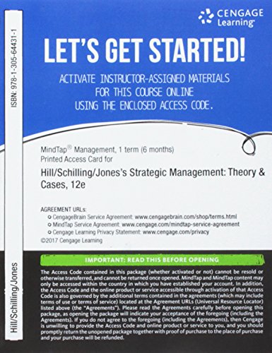 Stock image for MindTap Management, 1 term (6 months) Printed Access Card for Hill/Schilling/Jones' Strategic Management: Theory & Cases: An Integrated Approach, 12th for sale by A Team Books