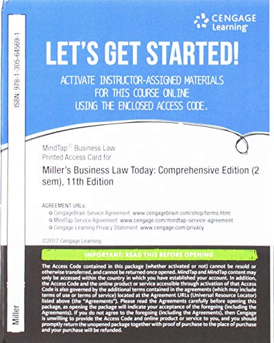 Stock image for MindTap Business Law, 2 terms (12 months) Printed Access Card for Miller's Business Law Today, Comprehensive, 11th for sale by BooksRun