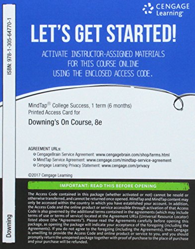 Imagen de archivo de MindTap College Success, 1 term (6 months) Printed Access Card for Downing's On Course, 8th a la venta por BooksRun