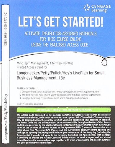 Stock image for MindTap Management with Live Plan, 1 term (6 months) Printed Access Card for Longenecker/Petty/Palich/Hoy's Small Business Management: Launching & Growing Entrepreneurial Ventures, 18th for sale by A Team Books