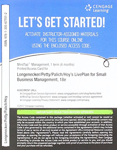 Stock image for MindTap Management with Live Plan, 1 term (6 months) Printed Access Card for Longenecker/Petty/Palich/Hoy's Small Business Management: Launching & Growing Entrepreneurial Ventures, 18th for sale by Juggernautz