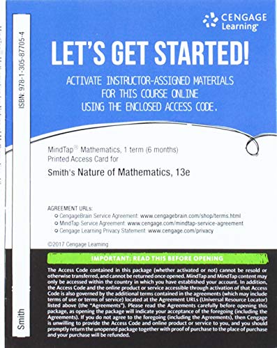 Imagen de archivo de MindTap Math, 1 term (6 months) Printed Access Card for Smith's Nature of Mathematics, 13th a la venta por Palexbooks