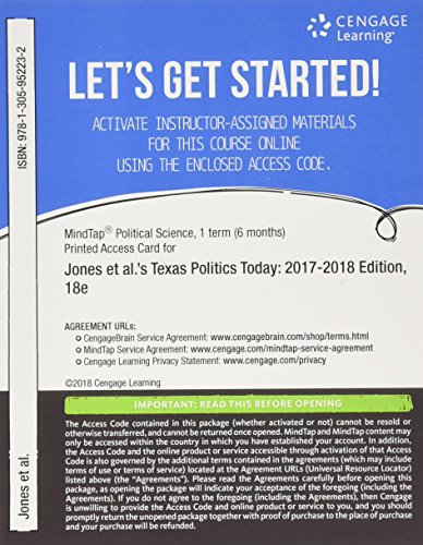 Imagen de archivo de MindTap Political Science, 1 term (6 months) Printed Access Card for Jones/Maxwell/Crain/Davis/Wlezein/Flore's Texas Politics Today 2017-2018 Edition, 18th a la venta por BooksRun