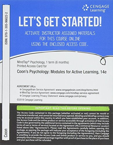 Imagen de archivo de MindTap Psychology, 1 term (6 months) Printed Access Card for Coon/Mitterer/Martini's Psychology: Modules for Active Learning, 14th a la venta por Bulrushed Books