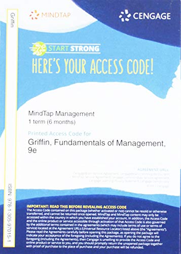 Stock image for MindTap Management, 1 term (6 months) Printed Access Card for Griffin's Fundamentals of Management, 9th for sale by BooksRun