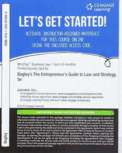 Stock image for MindTap Business Law, 1 term (6 months) Printed Access Card for Bagley/Dauchy's The Entrepreneur's Guide to Law and Strategy for sale by Palexbooks