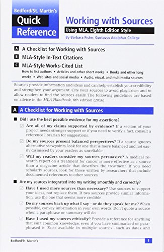 9781319088354: Quick Reference: Working with Sources: Using MLA, Eighth Edition Style