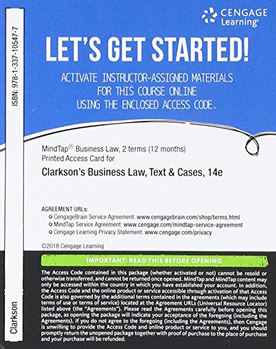 Stock image for MindTap Business Law, 2 terms (12 months) Printed Access Card for Clarkson/Miller/Cross' Business Law: Text and Cases, 14th for sale by Juggernautz