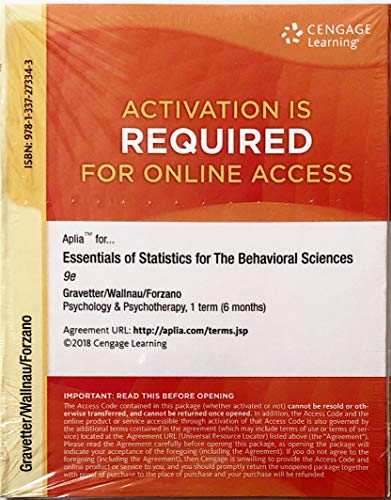 Stock image for ApliaT, 1 term Printed Access Card for Gravetter/Wallnau's Essentials of Statistics for the Behavioral Sciences, 9th for sale by Textbooks_Source