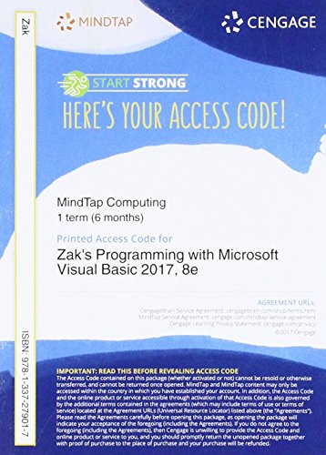 Stock image for MindTap Programming, 1 term (6 months) Printed Access Card for Zak's Programming with Microsoft Visual Basic 2017, 8th for sale by BooksRun