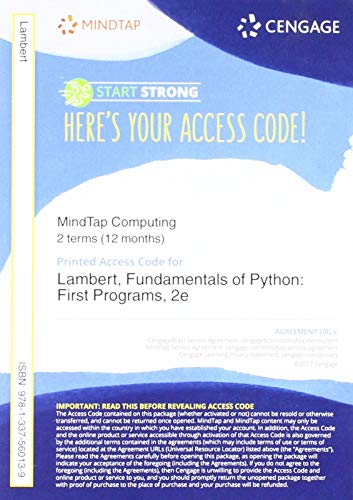 Stock image for MindTap Computer Science, 1 term (6 months) Printed Access Card for Lambert's Fundamentals of Python: First Programs, 2nd for sale by BGV Books LLC