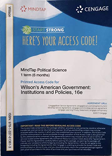 Stock image for MindTap Political Science, 1 term (6 months) Printed Access Card for Wilson/Dilulio/Bose/Levendusky's American Government: Institutions and Policies, 16th for sale by SecondSale
