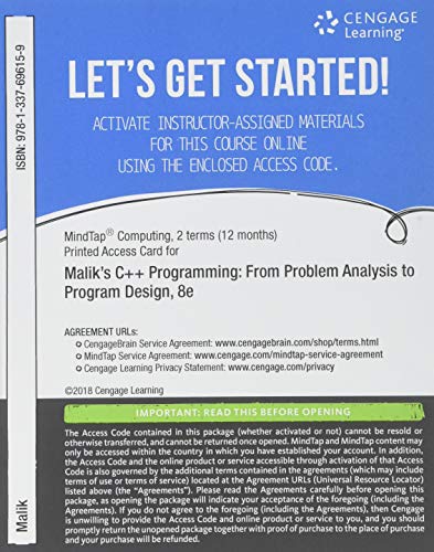 Beispielbild fr MindTap Computing, 2 terms (12 months) Printed Access Card for Malik's C++ Programming: From Problem Analysis to Program Design, 8th zum Verkauf von Textbooks_Source