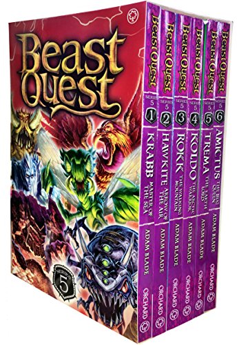 Stock image for Beast Quest Series 5 The Shade of Death 6 Books (Krabb Master of the Sea, Hawkite Arrow of the Air, Rokk The Walking Mountain, Koldo The Arctic Warrior, Trema The Earth Lord and Amictus The Bug Queen) for sale by WorldofBooks