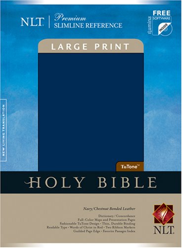 9781414307107: Holy Bible: New Living Translation, TuTone Navy/Chestnut Bonded Leather Premium Slimline Reference Large Print