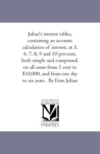 Immagine dell'editore per Julian's interest tables, containing an accurate calculation of interest, at 5, 6, 7, 8, 9 and 10 per-cent, both simple and compound, on all sums from . from one day to six years . By Eran Julian venduto da Revaluation Books