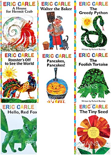 Imagen de archivo de The Eric Carle Library Featuring 8 Classic Board Books Boxed Set [The Greedy Python, The Foolish Toroise, Rooster's Off to See the World, Walter the Baker, A House for Hermit Crab, Pancakes Pancakes!, Hello Red Fox, The Tiny Seed] a la venta por HPB-Diamond