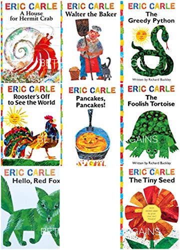 Stock image for The Eric Carle Library Featuring 8 Classic Board Books Boxed Set [The Greedy Python, The Foolish Toroise, Rooster's Off to See the World, Walter the Baker, A House for Hermit Crab, Pancakes Pancakes!, Hello Red Fox, The Tiny Seed] for sale by Books Unplugged