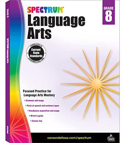 Beispielbild fr Spectrum Grade 8 Language Arts Workbook, Ages 13-14, Parts of Speech, Vocabulary, Writing Practice, Sentence Building Skills, and Grammar Workbook, 8th Grade Language Arts Workbook for Teens zum Verkauf von Seattle Goodwill