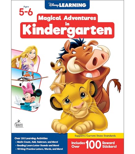 Stock image for Disney Learning Magical Adventures in Kindergarten Workbooks, Math, Letter Recogntion, Reading Comprehension and Handwriting Practice, Lion King, Rapunzel, Mickey Mouse and Cars Kindergarten Workbooks for sale by Jenson Books Inc