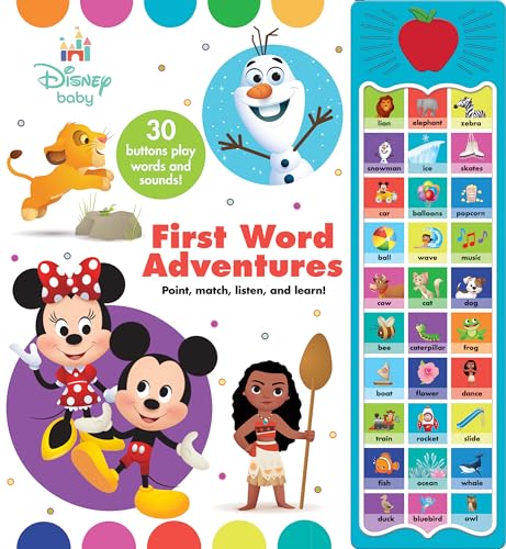 Beispielbild fr Disney Baby Mickey Mouse, Minnie, Frozen, Moana, and More! - First Word Adventures: Point, Match, Listen, and Learn! 30-Button Sound Book - Great for First Words - PI Kids zum Verkauf von Monster Bookshop